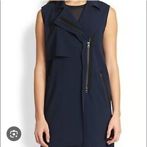 Vince Size Large Laser Cut Sleeveless Vest Zip Front Duster Collared Navy Dress